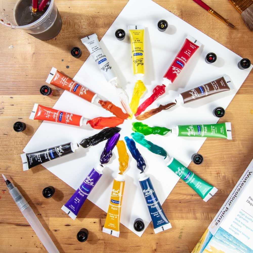 Mont Marte Aquarellfarben Set, 12 x 12 ml/ 24 x 12ml Tuben, Künstler Wasserfarben, Hochpigmentierte Farben für Aquarellmalerei & kreative Projekte - SETL