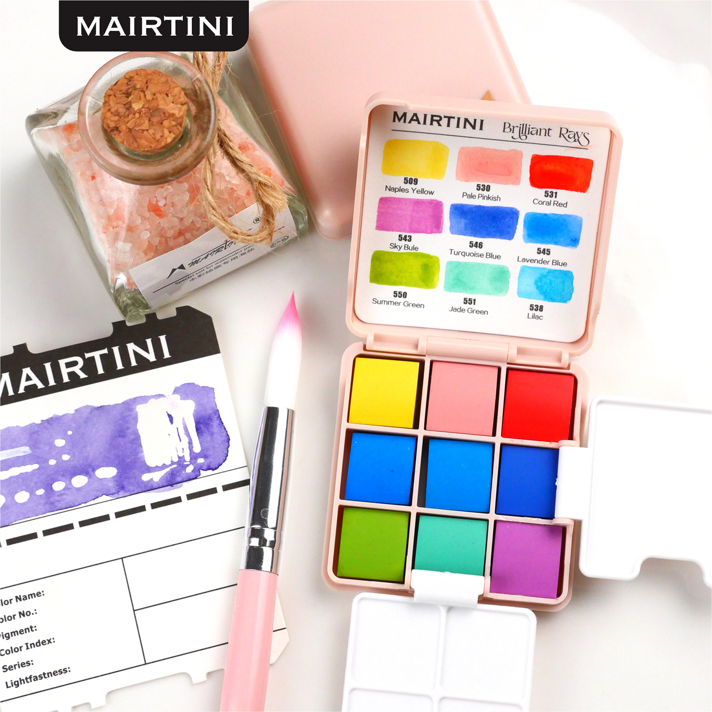 Mairtini Academy Aquarellfarbe Set - 9 intensive Farben im mini stylischen grün/ rot/ rosa Reiseetui - SETL