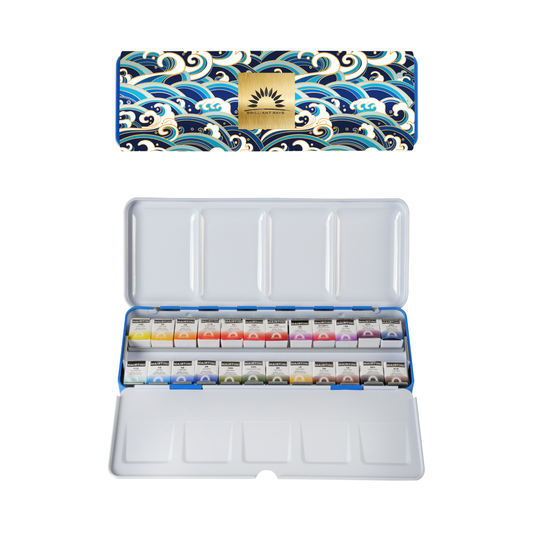 Mairtini Academy „Orientalischer Charme“ Aquarell-Set in halben Näpfchen (Blauer/Roter Premium Metallkasten) - SETL