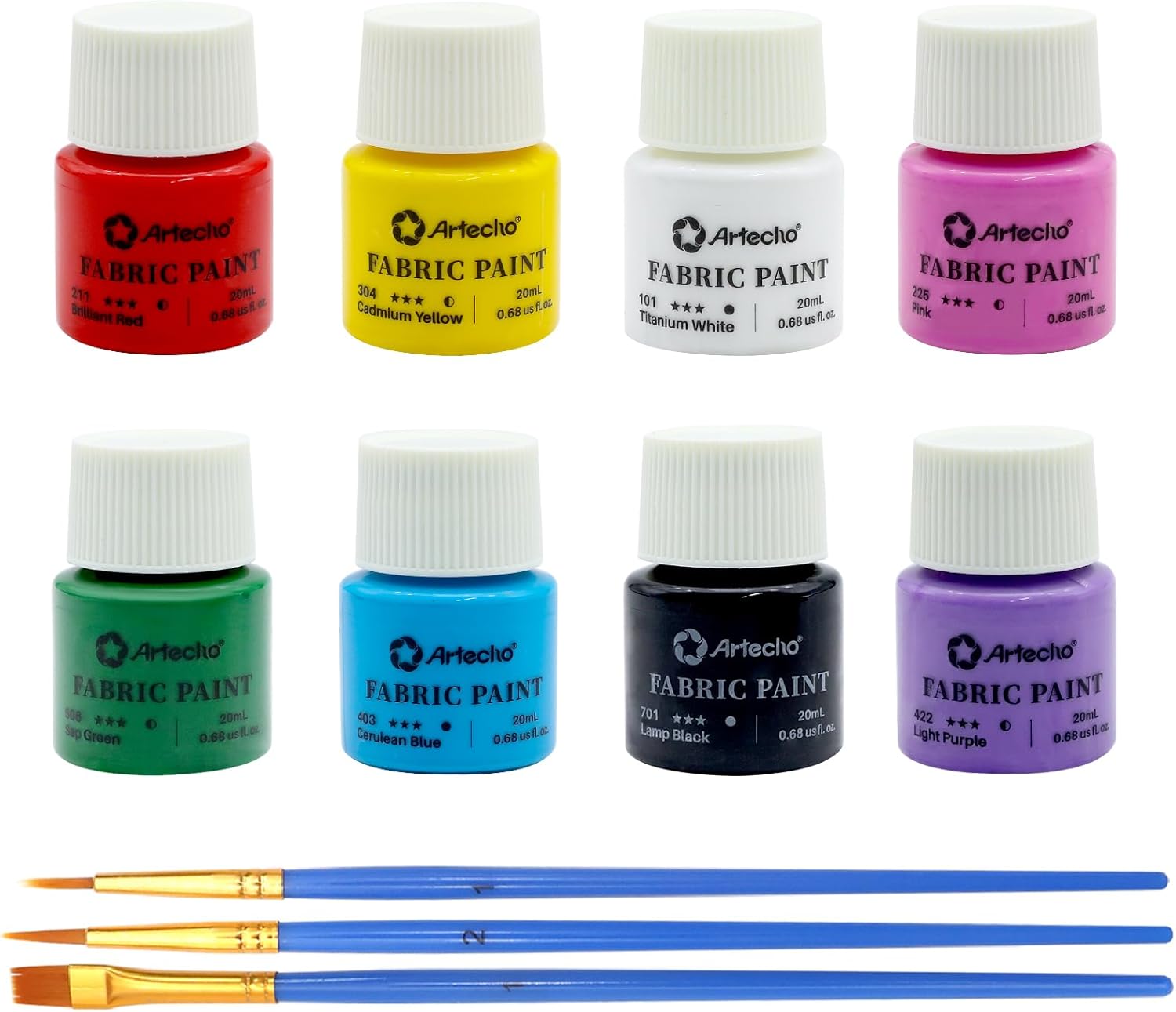 Artecho Textilfarbe Set - 8 x 20 ml mit 3 Pinseln - SETL