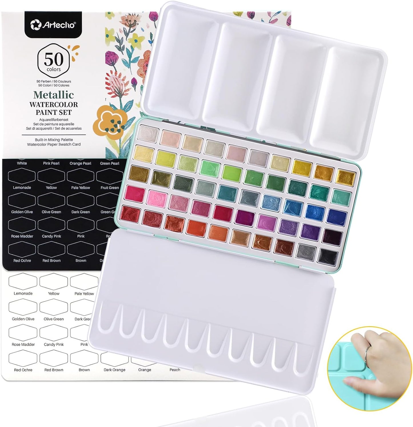 Artecho Metallic Aquarellfarben Set - 50 Wasserfarben im praktischen Metalletui - SETL