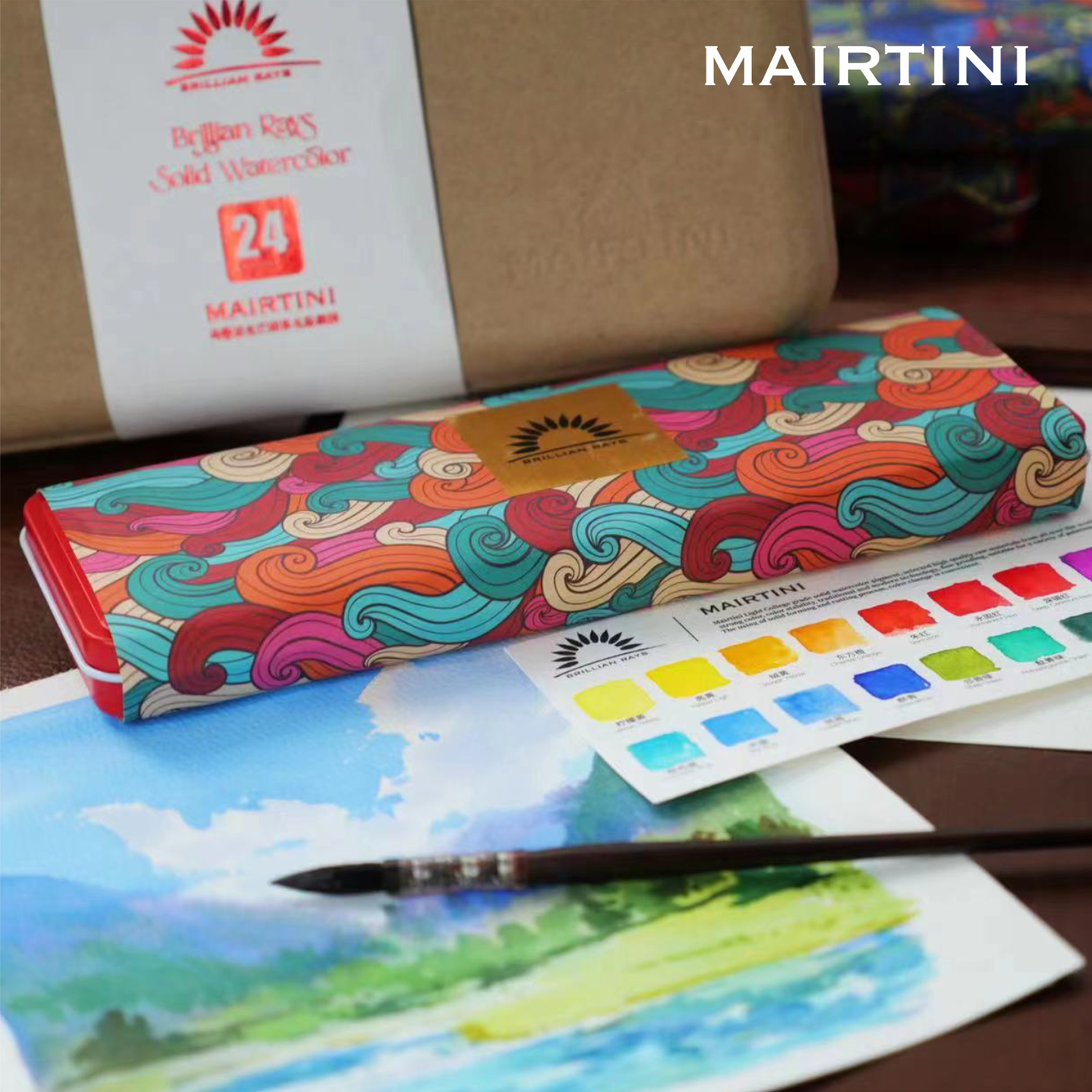 Mairtini Aquarellfarbe Set - 24 brillante Farben in halben Näpfchen - Verpackung in Blau/ Rot - SETL