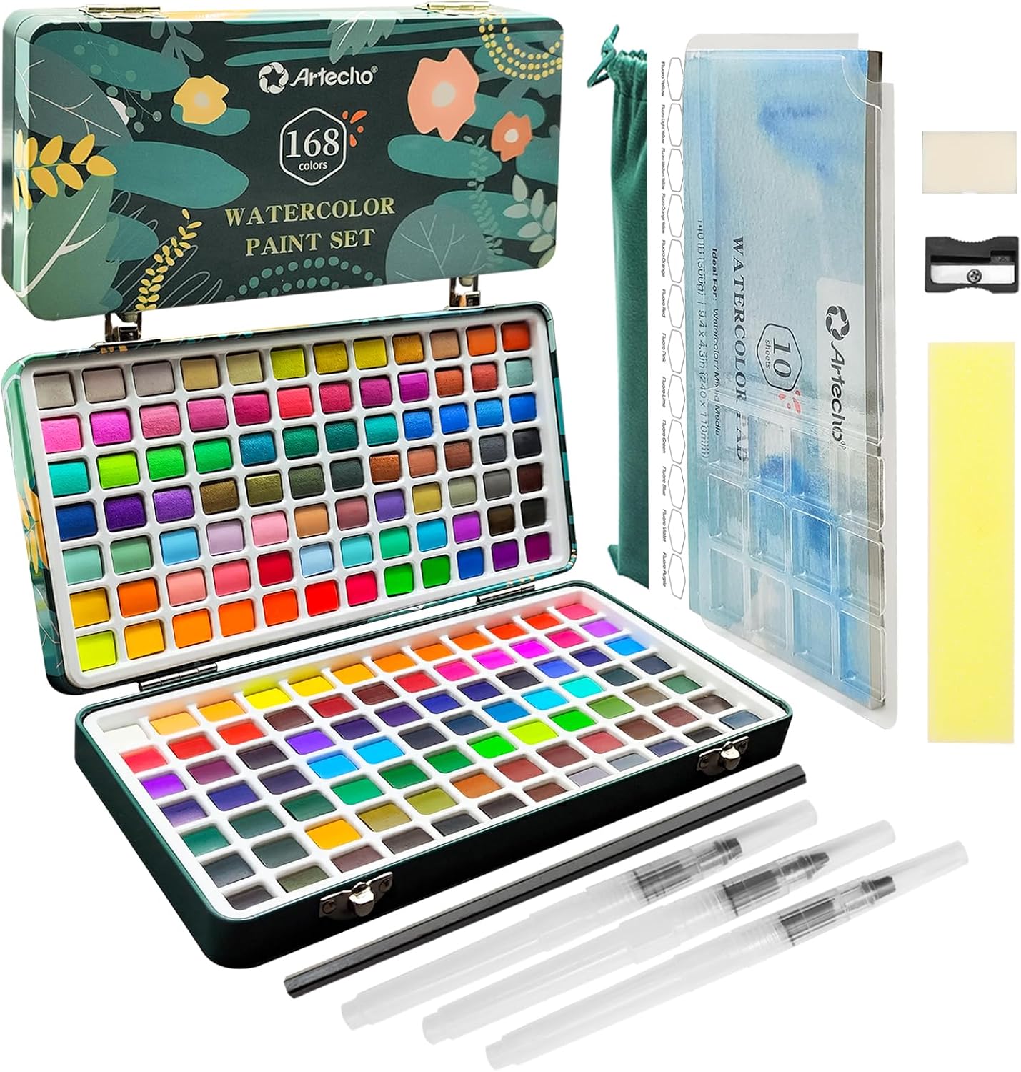 Artecho Aquarellfarben Set - 50 / 100 / 128 / 168 Wasserfarben mit Aquarellpapieren & Pinseln - SETL
