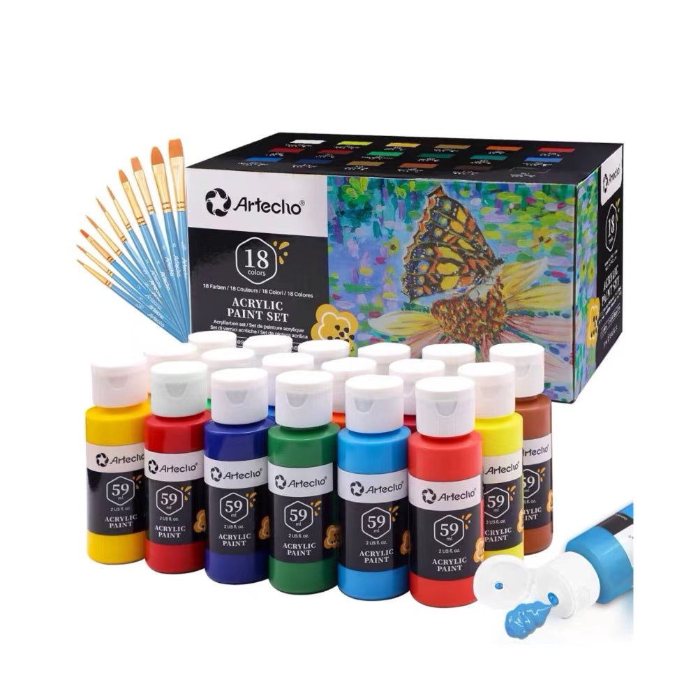 Artecho Künstlerset - 18 / 24 / 48 x 59ml Wasserfest Acrylfarben mit 10 Pinseln