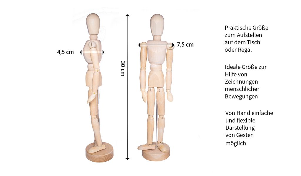Mont Marte Biegepuppe Mannequin/ Gliederpuppe aus Holz - 30cm hoch - beweglich & sicherer Standfuss - SETL