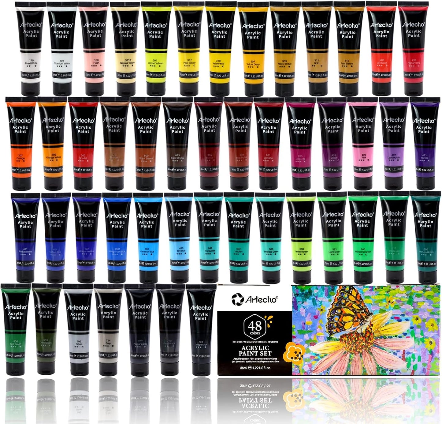 Artecho Acrylfarben Set - 18/ 24 / 48 wasserfeste Farben,  je 36 ml Tuben