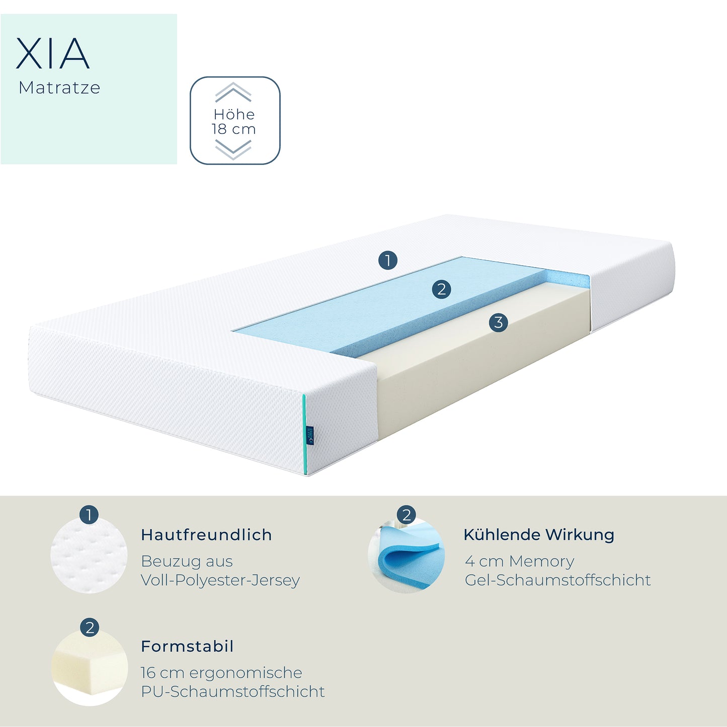 ESSENCE SLEEP Matratze XIA - 18cm, Gel Memory Schaum Matratze mit Kissen, H3