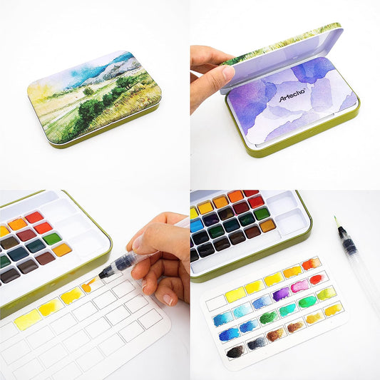 Artecho Aquarellfarben Set - 24 Farben, 1 Wassertankpinsel, 10 Blätter Aquarellpapier im Postkartenformat