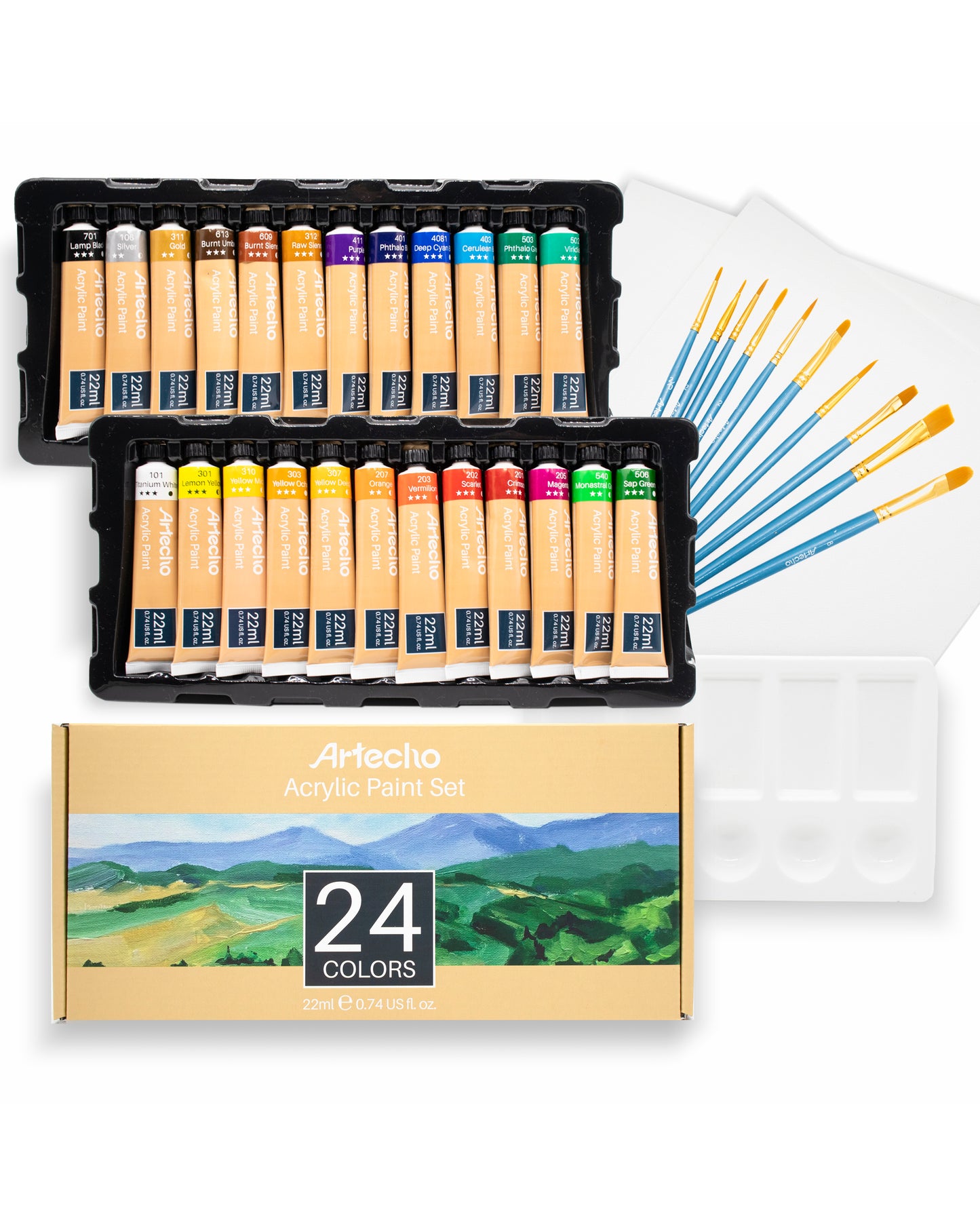 Artecho Künstlerset - 24x22ml in Tuben, 10 Pinsel, 1 Palette und 2 Malkartons