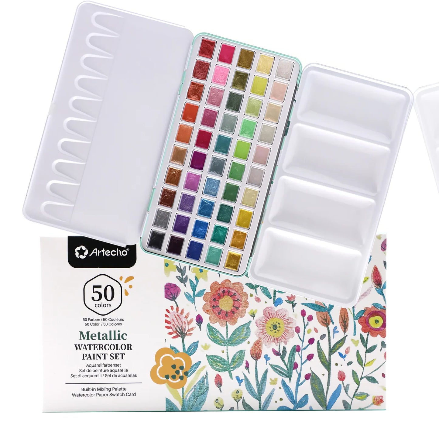Artecho Metallic Aquarellfarben Set - 50 Wasserfarben im praktischen Metalletui - SETL