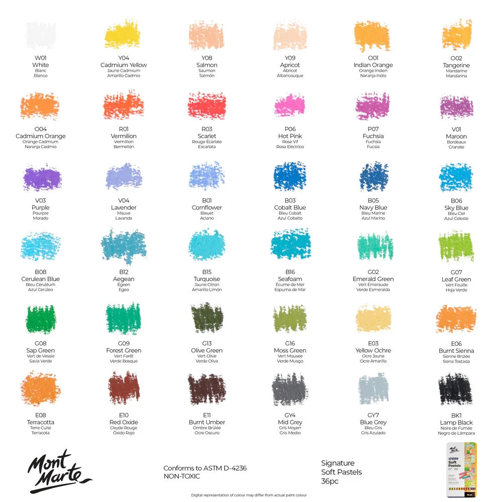 Mont Marte Weiche Pastellkreiden 36 Farben im Metallkasten