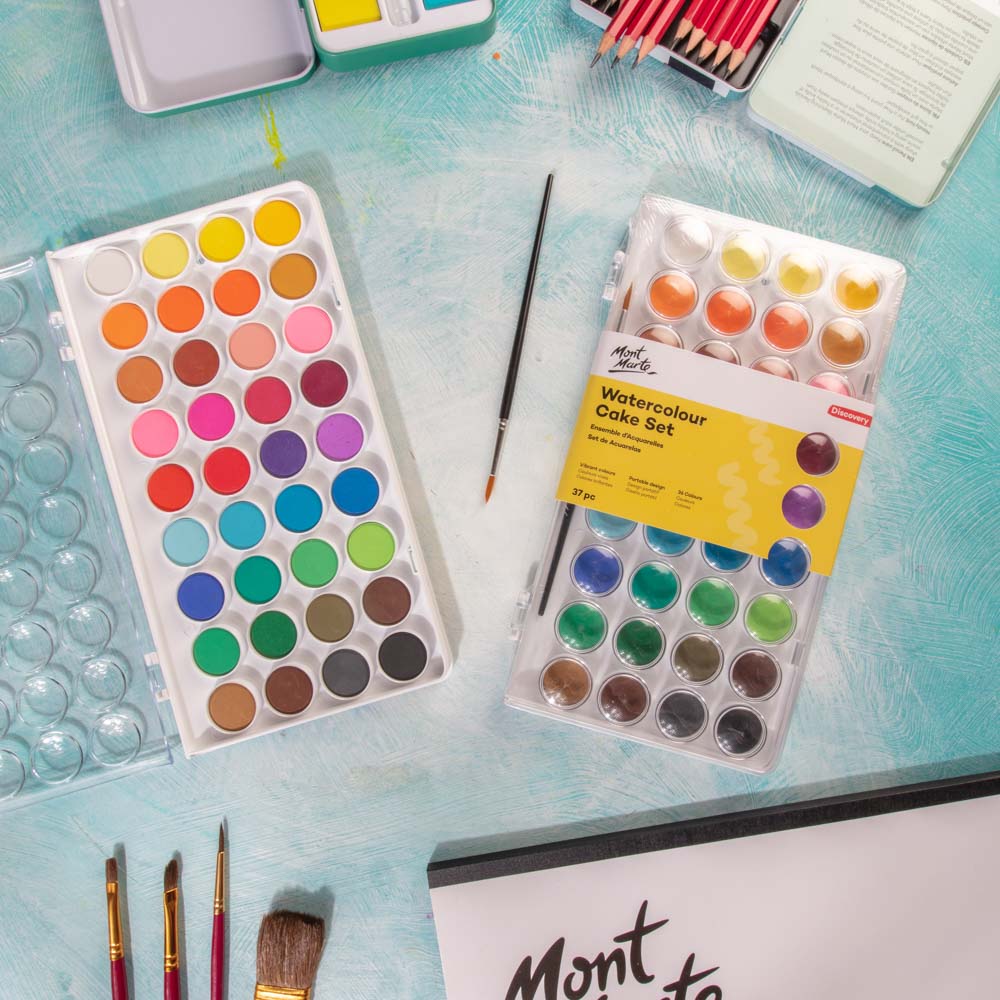 Mont Marte Aquarellfarben Set – 16 / 24 / 36 lebendige Farben mit Nylonpinsel