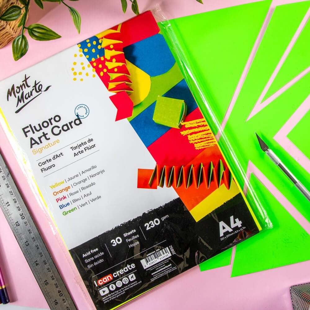 Mont Marte Fluoro Art Card A4, 230 g/m² – 30 Blatt in 5 Farben