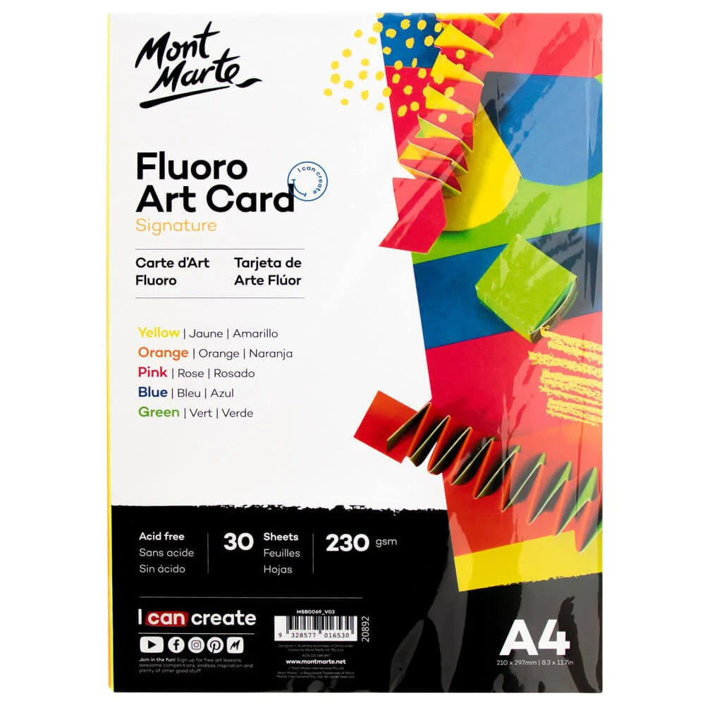 Mont Marte Fluoro Art Card A4, 230 g/m² – 30 Blatt in 5 Farben