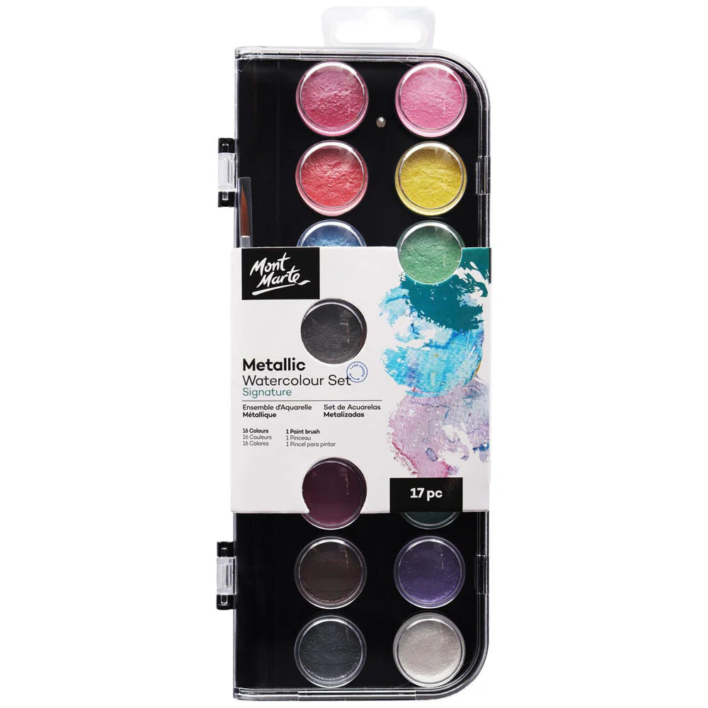 Mont Marte Metallic Aquarellfarben Set 16 Farben mit Pinsel
