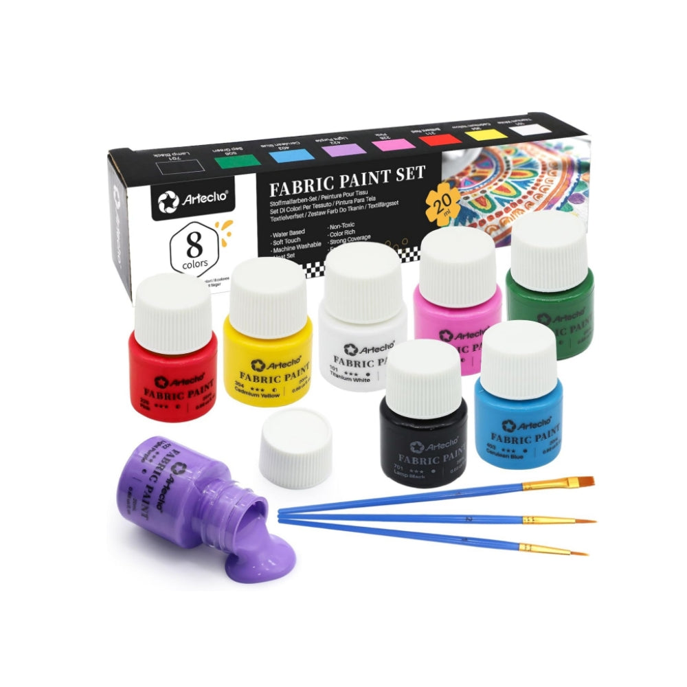 Artecho Textilfarbe Set - 8 x 20 ml mit 3 Pinseln - SETL