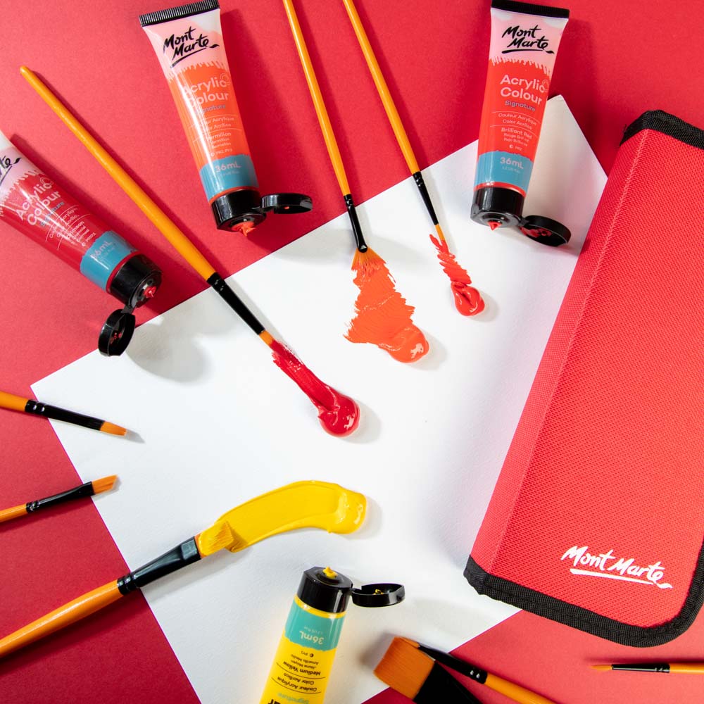 Mont Marte Pinselset 10-teilig – Taklon Pinsel für Acryl-, Öl-, Gouache- und Aquarellfarben im Reißverschluss-Etui - SETL