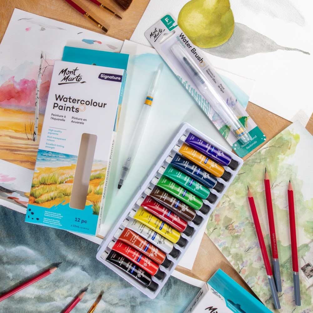 Mont Marte Aquarellfarben Set, 12 x 12 ml/ 24 x 12ml Tuben, Künstler Wasserfarben, Hochpigmentierte Farben für Aquarellmalerei & kreative Projekte - SETL