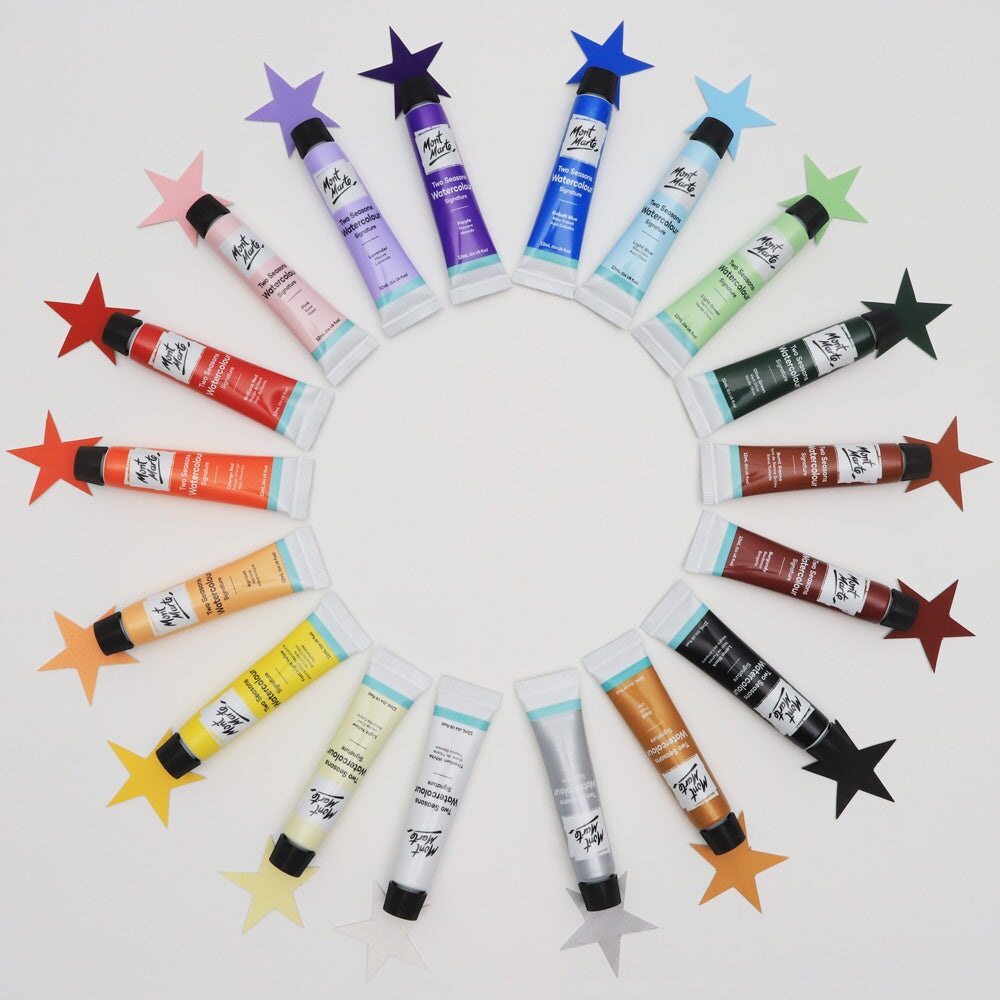 Mont Marte Aquarellfarben Set, 18 x 12 ml Tuben, Künstler Wasserfarben, Hochpigmentierte Farben für Aquarellmalerei, Papier & kreative Projekte - SETL