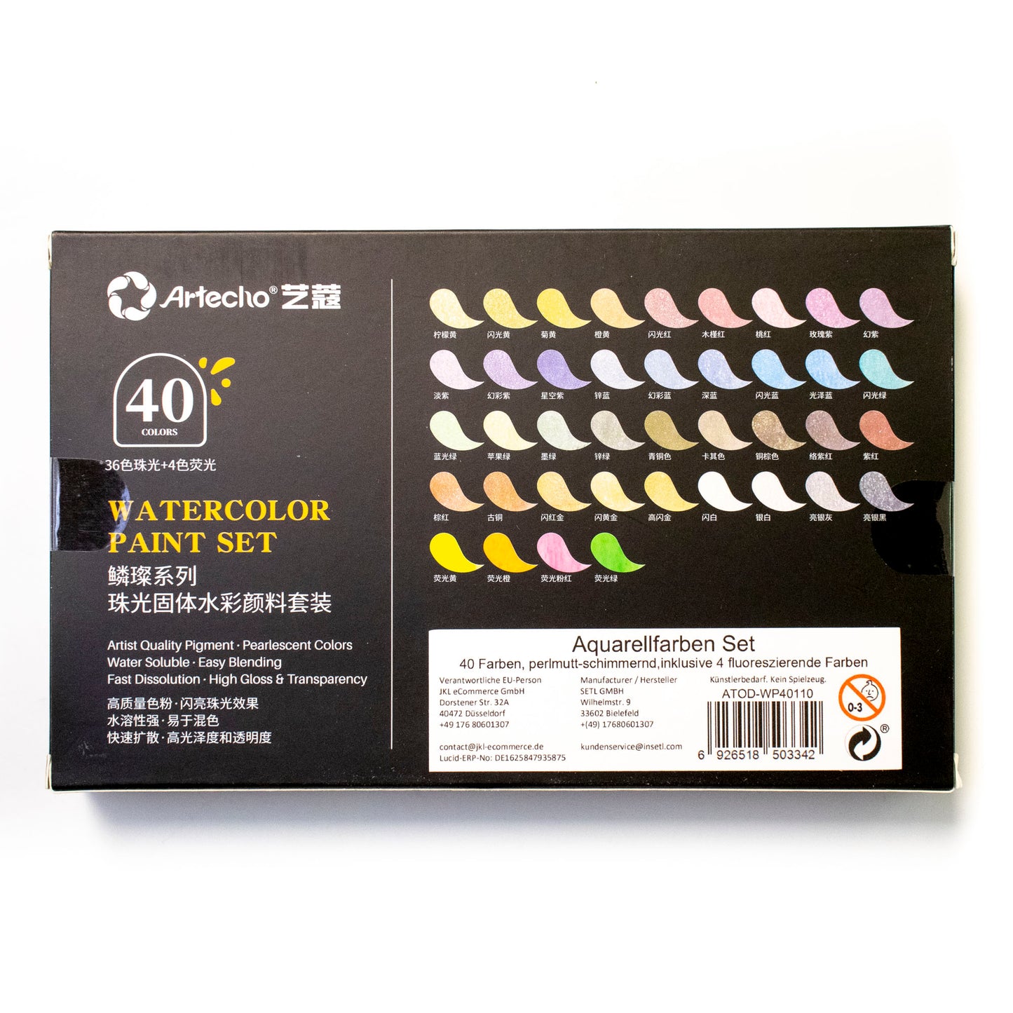 Artecho Aquarellfarben Set - 40 Farben inkl. Perlglanz & Neon mit Wasserpinsel & Schwamm