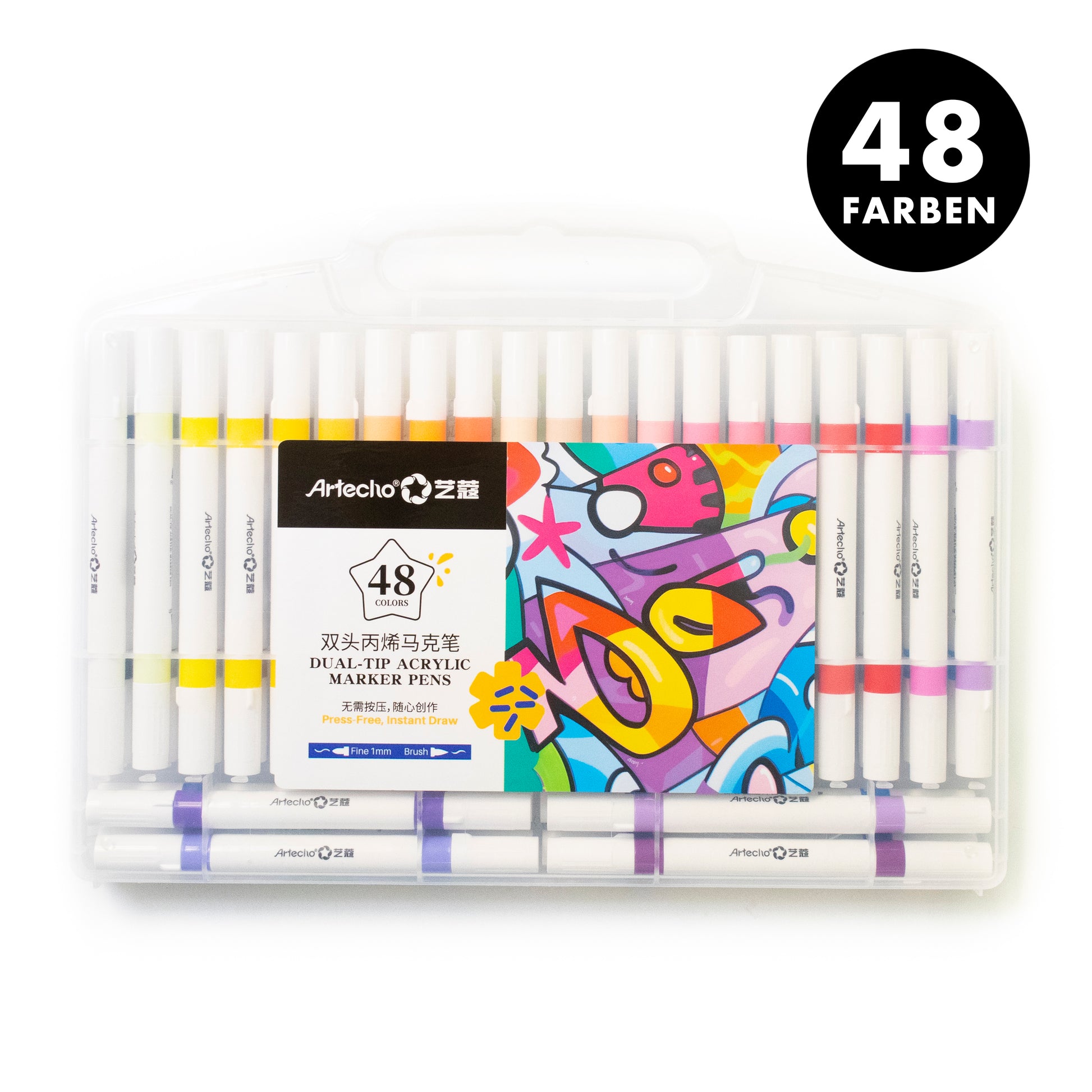 Artecho Doppelspitze Acrylstifte Set – 24 / 48 Farben – mit Feiner & Breiter Spitze - SETL