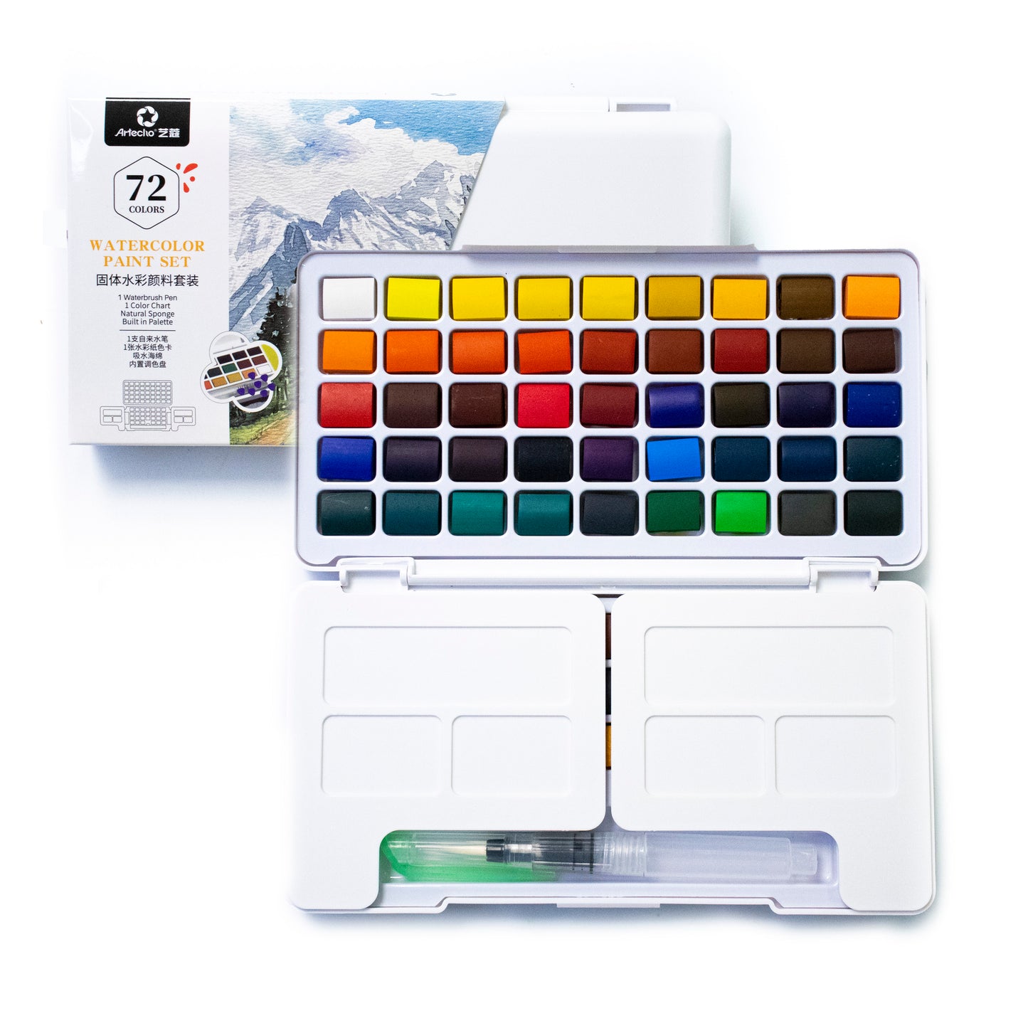Artecho Aquarellfarben Set – 24 / 48 / 72 Farben mit Wassertankpinsel & Schwamm