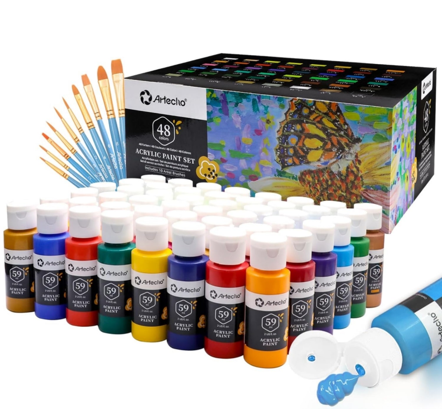 Artecho Künstlerset - 18 / 24 / 48 x 59ml Wasserfest Acrylfarben mit 10 Pinseln - SETL