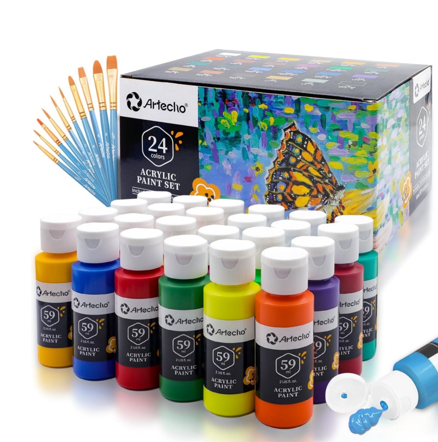 Artecho Künstlerset - 18 / 24 / 48 x 59ml Wasserfest Acrylfarben mit 10 Pinseln