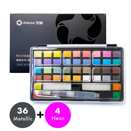 Artecho Aquarellfarben Set - 40 Farben inkl. Perlglanz & Neon mit Wasserpinsel & Schwamm