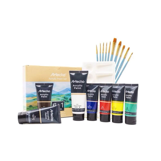Artecho Künstlerset - 6 x 60ml + 1 x 120ml Wasserfest Acrylfarben mit 10 Pinseln & 1 Palette