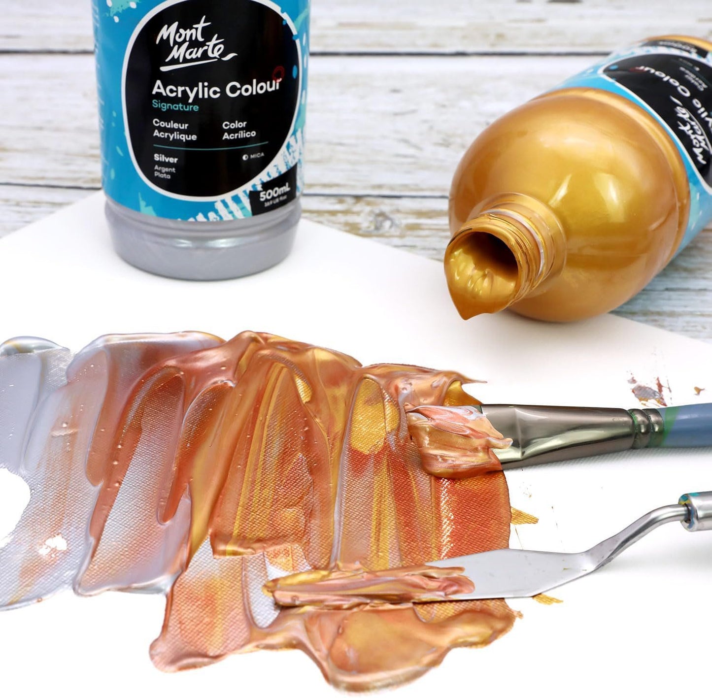 Mont Marte Acrylfarbe Signature - Grundfarben in 500ml Flasche, Weiß/ Schwarz/ Gold