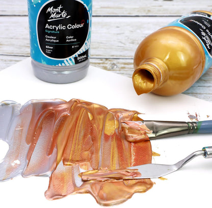 Mont Marte Acrylfarbe Signature - Grundfarben in 500ml Flasche, Weiß/ Schwarz/ Gold