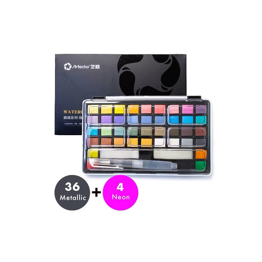 Artecho Aquarellfarben Set - 40 Farben inkl. Perlglanz & Neon mit Wasserpinsel & Schwamm - SETL